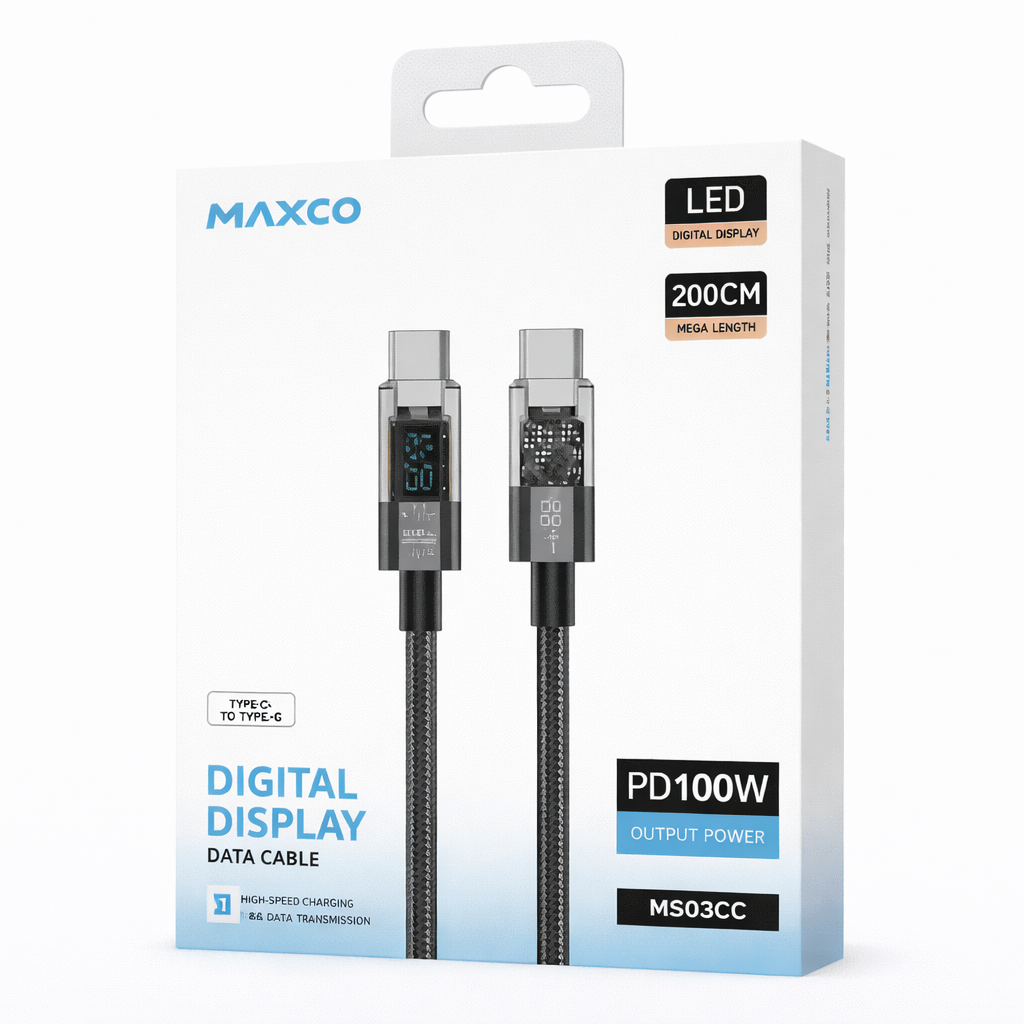 Câble de charge rapide MAXCO USB-C vers USB-C PD 100W avec écran LED – 2 mètres