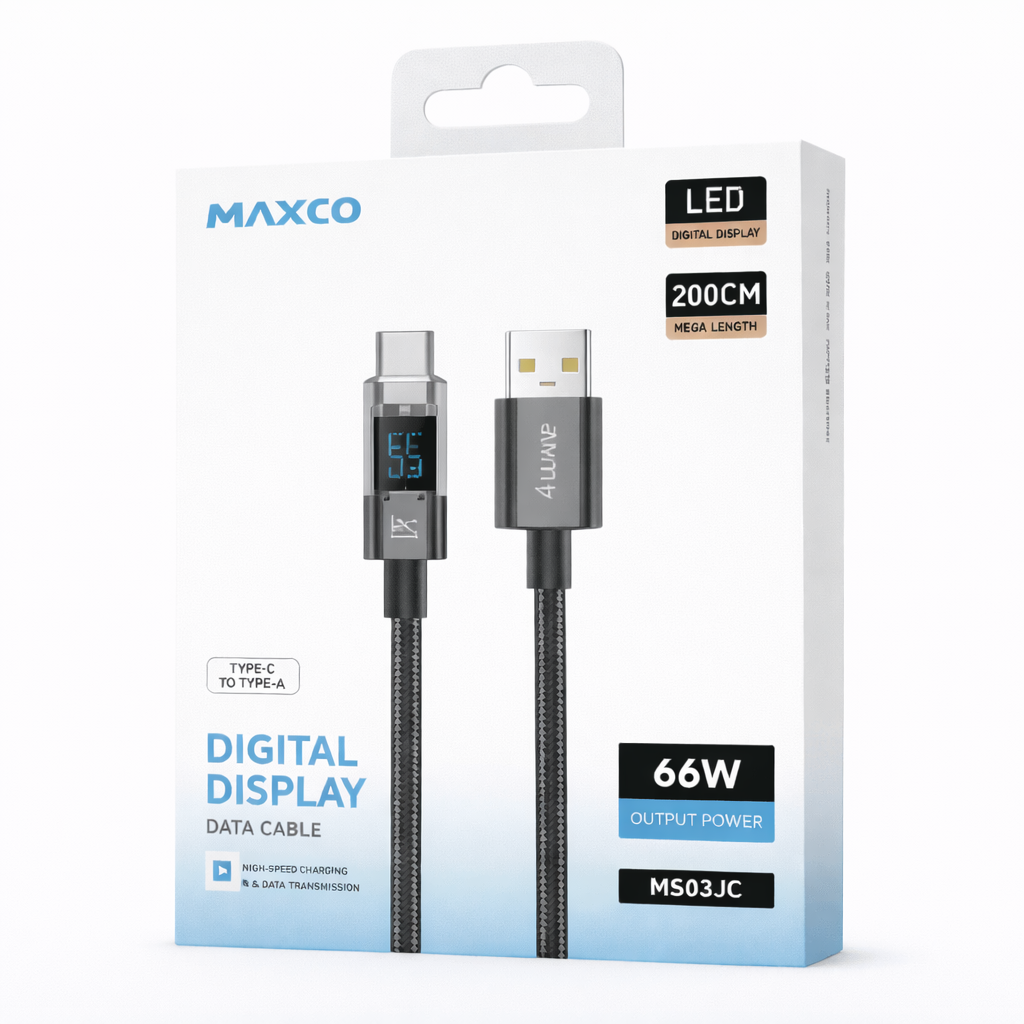 Câble de charge rapide MAXCO USB vers USB-C 66W avec écran LED – 2 mètres