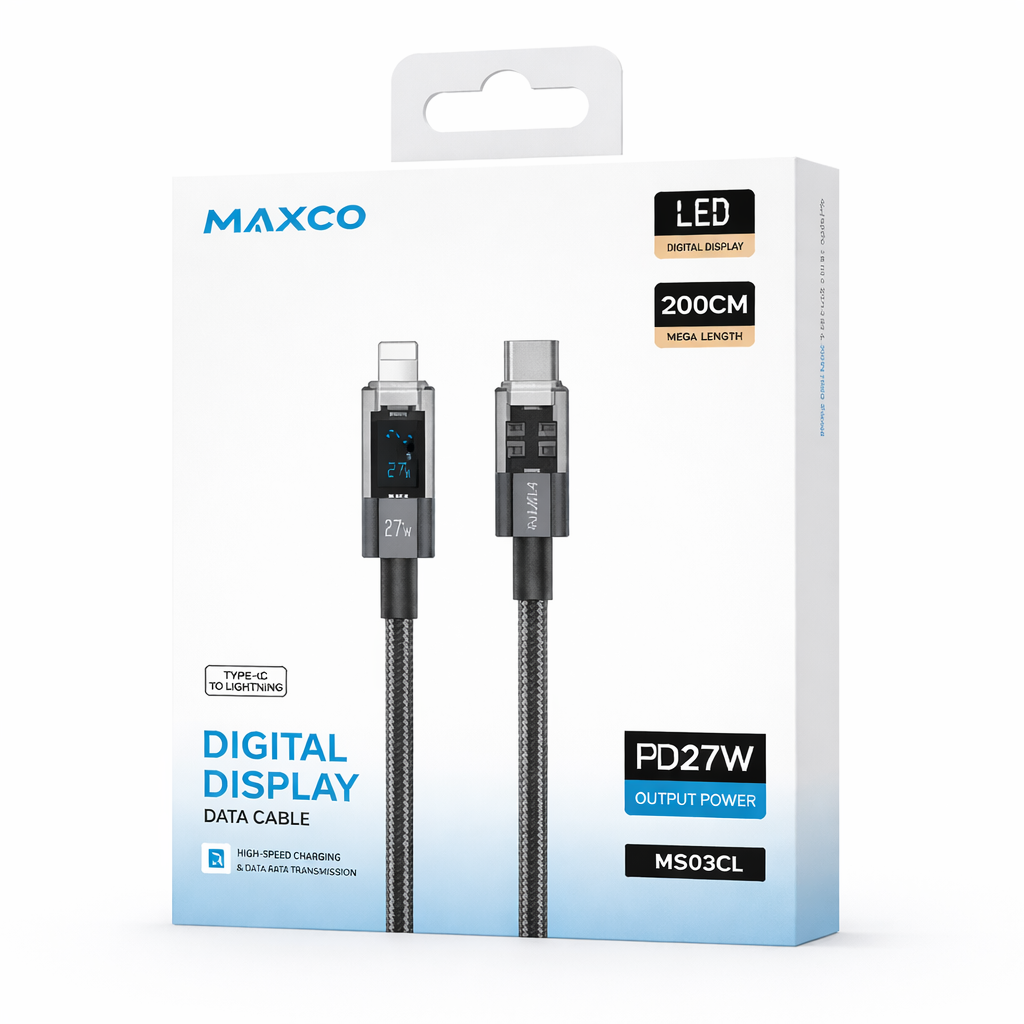Câble de charge rapide MAXCO USB-C vers Lightning avec écran LED – 2 mètres