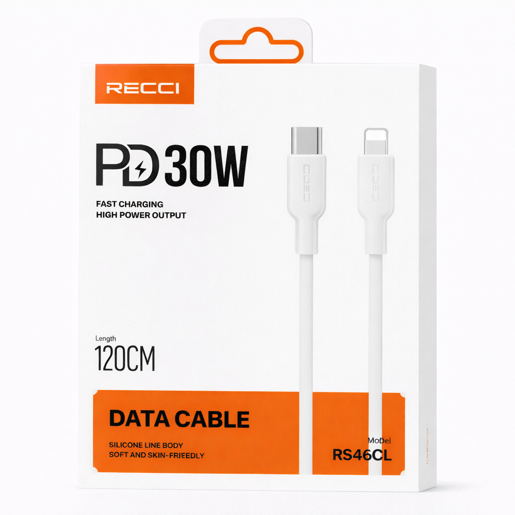 Câble de charge rapide RECCI USB-C vers Lightning PD 30W – Blanc (Modèle RS46CL)