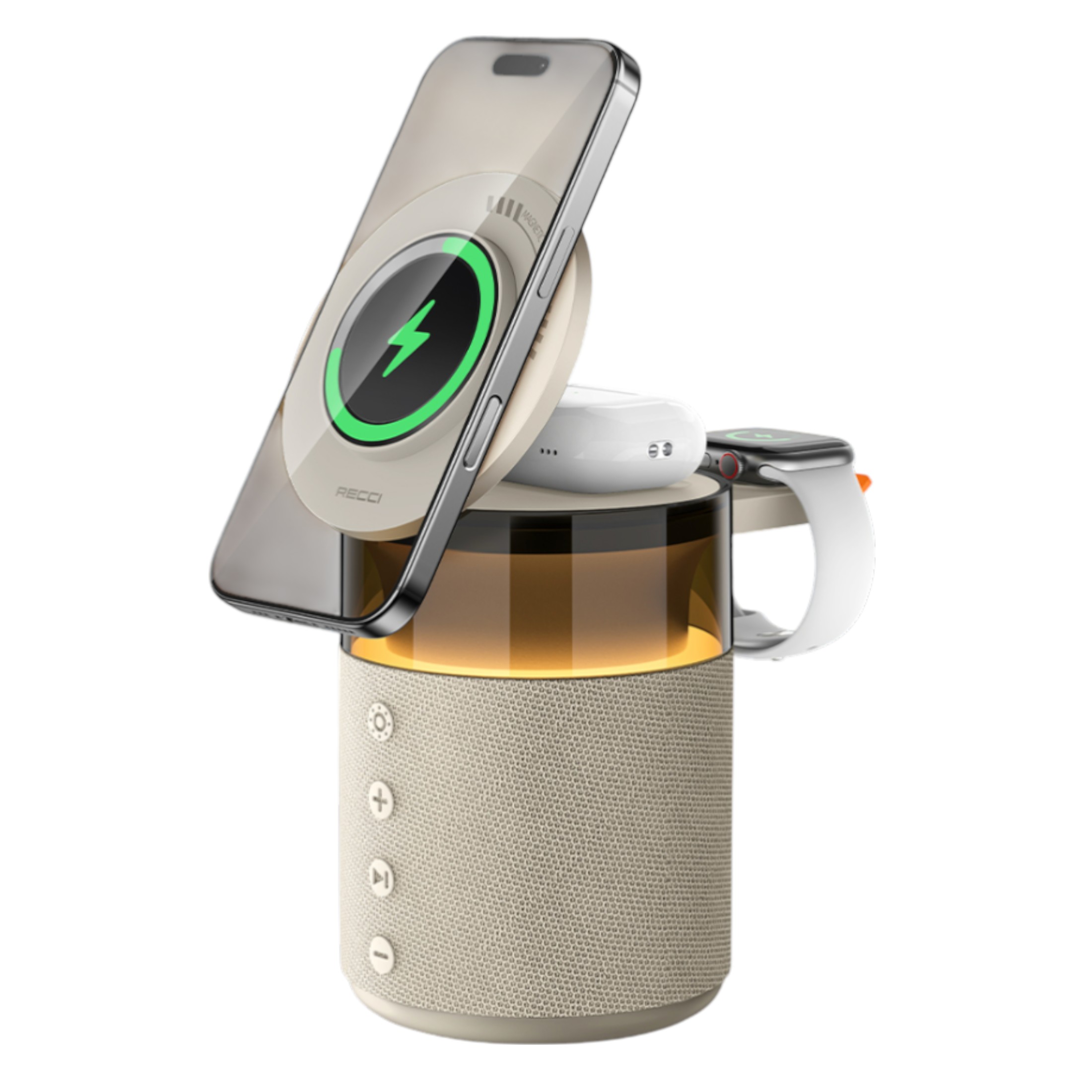 Chargeur Sans Fil 5-en-1 RECCI RCW-51 avec Enceinte Bluetooth et Lampe LED